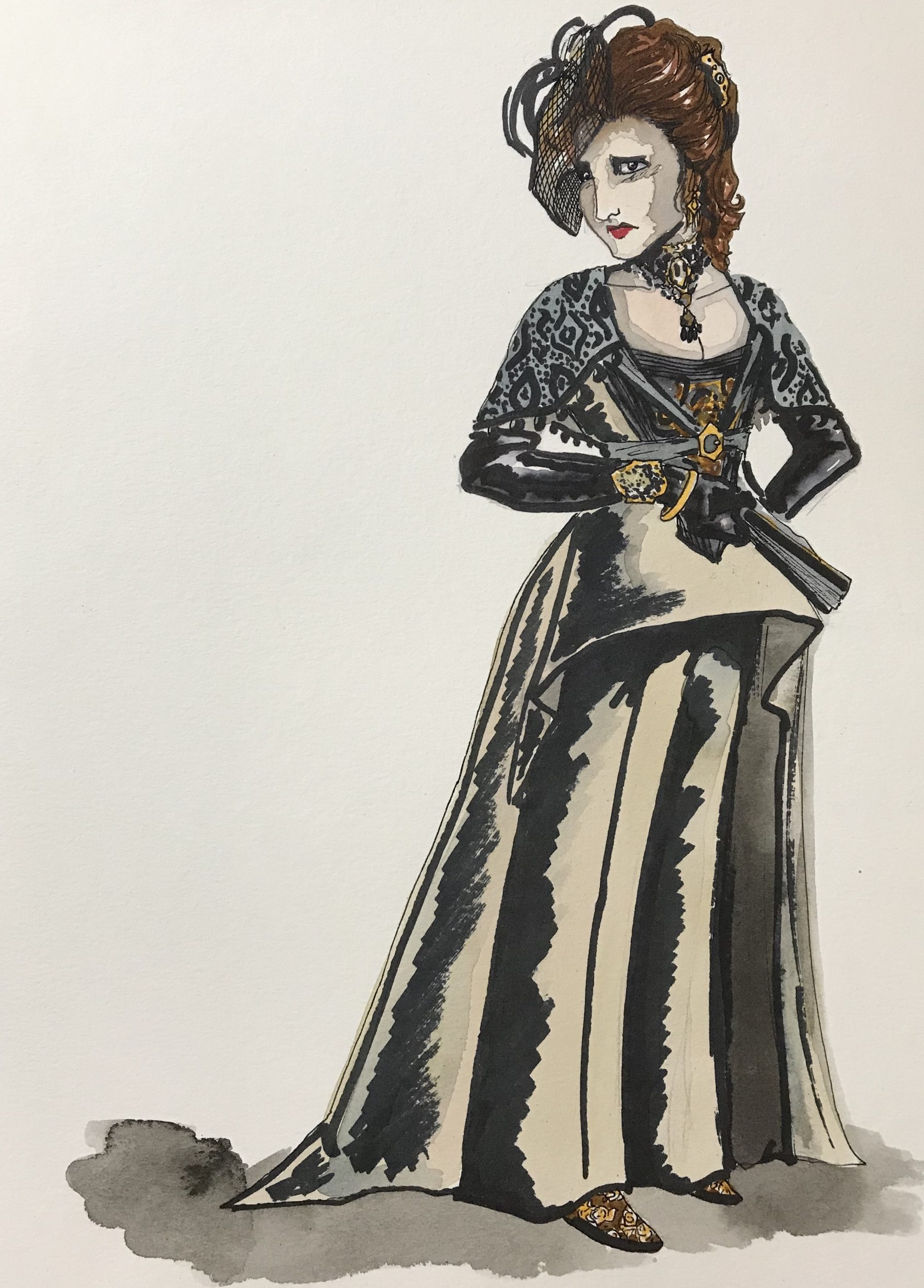 Erik Teague's costume rendering for Donna Elvira in Don Giovanni